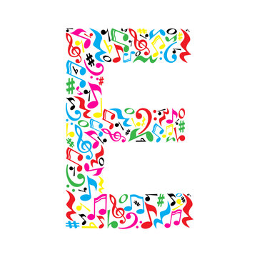 E letter made of colorful musical notes on white background. Alphabet for art school. Trendy font. Graphic decoration.