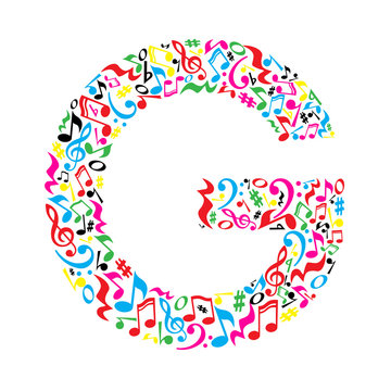 G letter made of colorful musical notes on white background. Alphabet for art school. Trendy font. Graphic decoration.