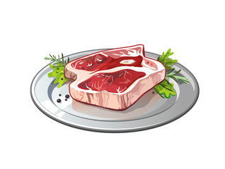 Meat on metallic plate. Isolated food on white background. Pork or beef raw meat. Restaurant meal.