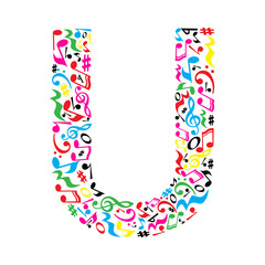U letter made of colorful musical notes on white background. Alphabet for art school. Trendy font. Graphic decoration.