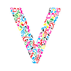 V letter made of colorful musical notes on white background. Alphabet for art school. Trendy font. Graphic decoration.