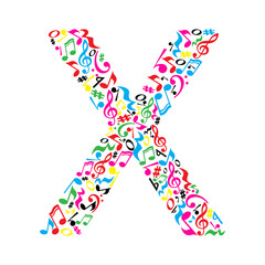 X letter made of colorful musical notes on white background. Alphabet for art school. Trendy font. Graphic decoration.
