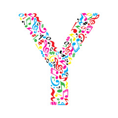 Y letter made of colorful musical notes on white background. Alphabet for art school. Trendy font. Graphic decoration.