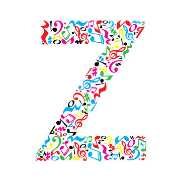 Z letter made of colorful musical notes on white background. Alphabet for art school. Trendy font. Graphic decoration.