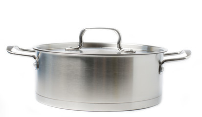 Stainless steel pot on white background
