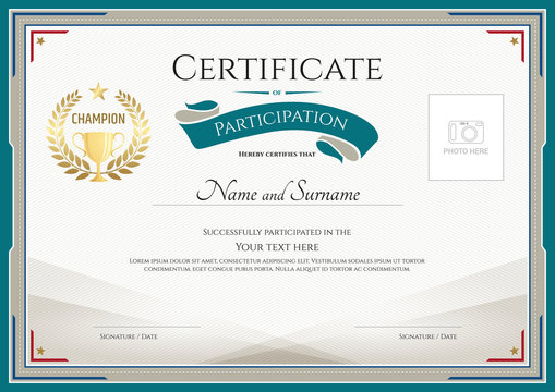 Certificate of participation template with green border, gold trophy seal and photo space