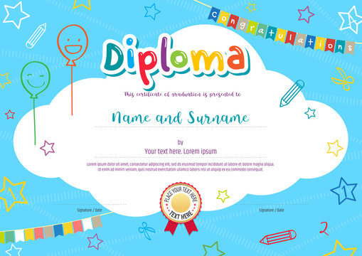 Colorful diploma certificate for kids on bright blue background