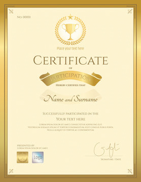 Portrait certificate of participation in gold theme with award trophy