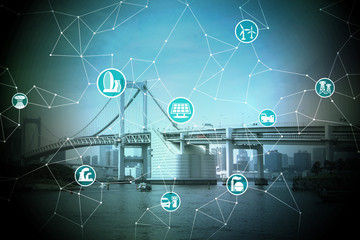 cityscape and bridge, smart energy, smart grid, smart city, smart building, abstract image visual