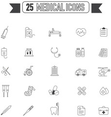 Flat line icon silhouette medical, physicians, and hospital tool equipment sign and symbol icon collection set use for medical health care, create by vector