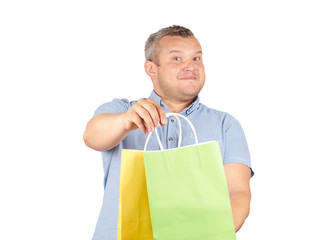 Caucasian man fat,  with colorful shopping paper bags