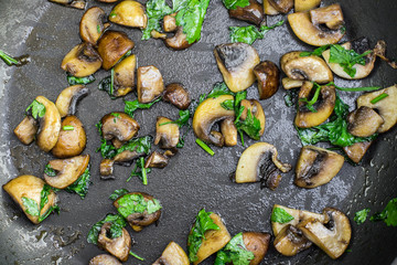 Detailed Top View on a Sautéed Brown and White Champignon Mushr