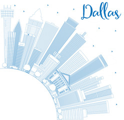 Outline Dallas Skyline with Blue Buildings and Copy Space.