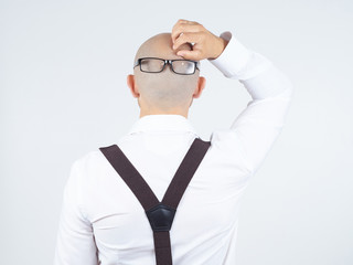 back of a bald-headed man with glasses on nape - 112801222