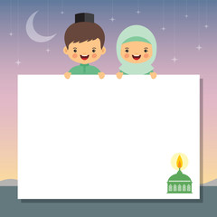 Hari Raya vector illustration with muslim oil lamp. Muslim kids holding white paper and beautiful starry night as background. Hari raya message board.
