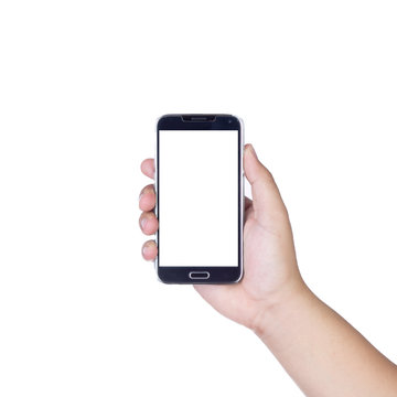 holding smartphone with isolated screen in hand, isolated on whi
