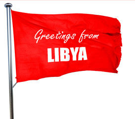 Greetings from libya, 3D rendering, a red waving flag