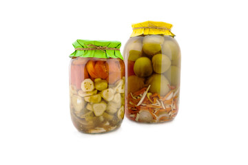 Homemade pickled tomatoes and cucumbers