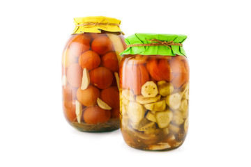 Homemade pickled tomatoes and cucumbers