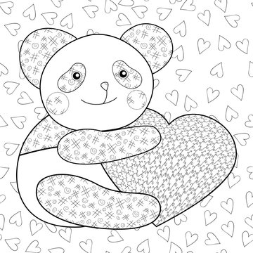 Panda with heart kid coloring book page.