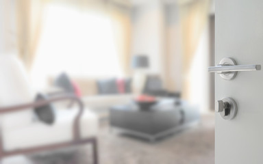 opened white door to modern living room interior