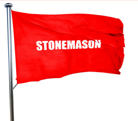 stonemason, 3D rendering, a red waving flag
