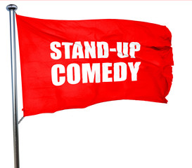 stand-up comedy, 3D rendering, a red waving flag