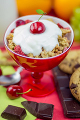 breakfast background, fruit, chocolate and Cereal on table