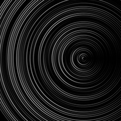 Spiral, concentric lines, circular, rotating background. Black and white radial rings on a black background. 