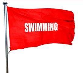 swimming sign background, 3D rendering, a red waving flag