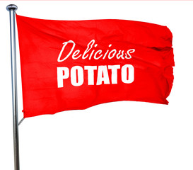 Delicious potato sign, 3D rendering, a red waving flag