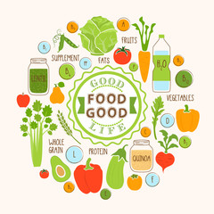 Healthy food background fresh vegetable and fruit vector illustration. Vegetarian menu elements. Natural food concept.