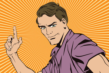 People retro style. Happy man presenting product.