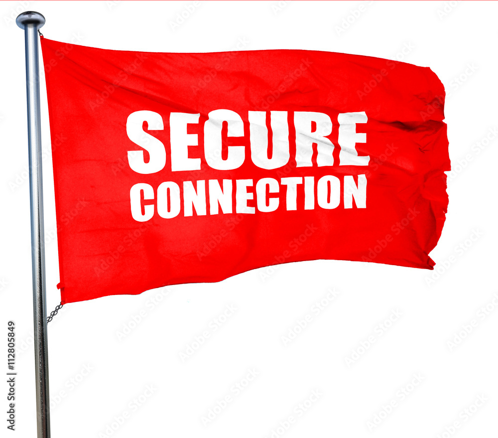 Poster secure connection, 3d rendering, a red waving flag