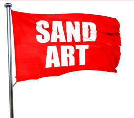 sand art, 3D rendering, a red waving flag
