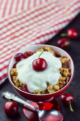 breakfast background, fruit, chocolate and Cereal on table