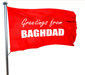 Greetings from baghdad, 3D rendering, a red waving flag