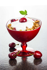 breakfast, Cereal with white Yogurt and tasty grapes