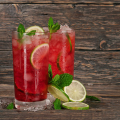red cocktail with mint, lime and ice