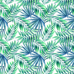 Naklejka na ściany i meble Watercolor tropical leaves seamless pattern