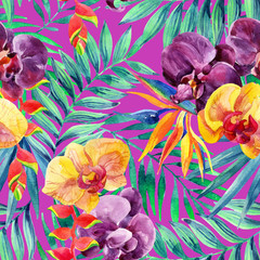 Obrazy na Plexi  Akwarela tropikalny wzór liści i kwiatów.