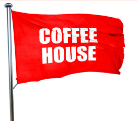 Coffee house sign, 3D rendering, a red waving flag