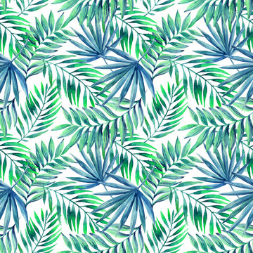 Watercolor tropical leaves seamless pattern