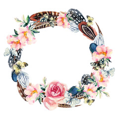 Watercolor wreath with bird feathers, briar flowers and butterfly