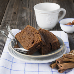 Slices of chocolate cake with homemade cinnamon and hazelnut