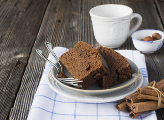 Slices of chocolate cake with homemade cinnamon and hazelnut
