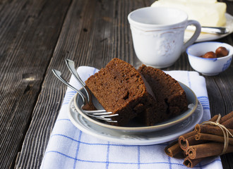 Slices of chocolate cake with homemade cinnamon and hazelnut