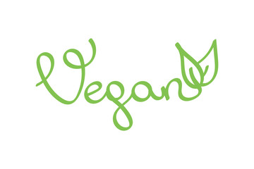 Fototapeta na wymiar Vector hand drawn lettering word vegan. Word vegan with fresh green leaves isolated on white background.