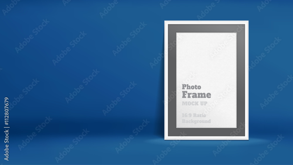 Poster vector, blank photo frame in navy blue studio room, template mock up for display or montage of your 