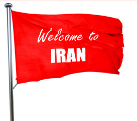 Welcome to iran, 3D rendering, a red waving flag